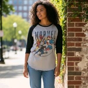 Marvel Distressed Reglan Shirt with Thor, Iron Man, Captain America, Black Widow